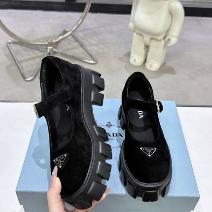 PRADA 25S PLATFORM MARY JANE SHOES IN BLACK SUEDE