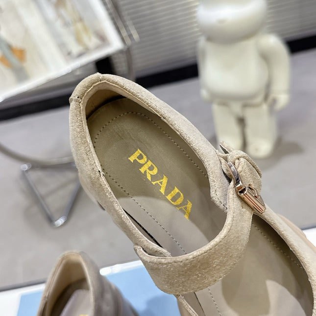 PRADA 25S PLATFORM MARY JANE SHOES IN BEIGE SUEDE