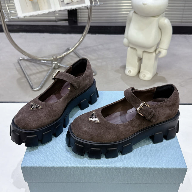 PRADA 25S PLATFORM MARY JANE SHOES IN DARK BROWN SUEDE