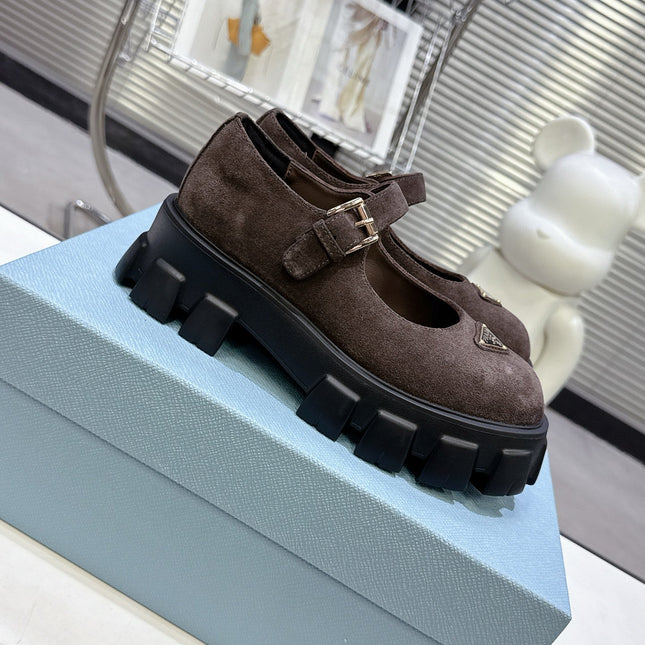 PRADA 25S PLATFORM MARY JANE SHOES IN DARK BROWN SUEDE