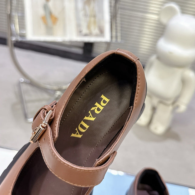 PRADA 25S PLATFORM MARY JANE SHOES IN BROWN CALFSKIN
