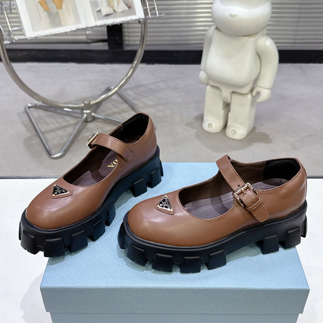 PRADA 25S PLATFORM MARY JANE SHOES IN BROWN CALFSKIN