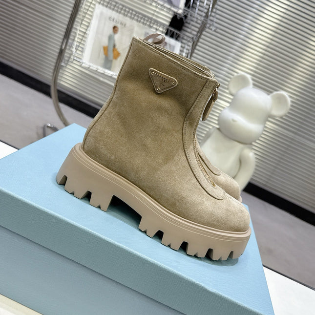 PRADA 25S ZIP-UP ANKLE BOOTS IN BEIGE SUEDE