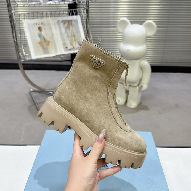 PRADA 25S ZIP-UP ANKLE BOOTS IN BEIGE SUEDE