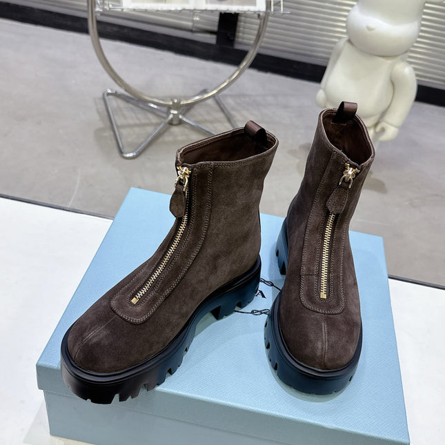 PRADA 25S ZIP-UP ANKLE BOOTS IN DARK BROWN SUEDE