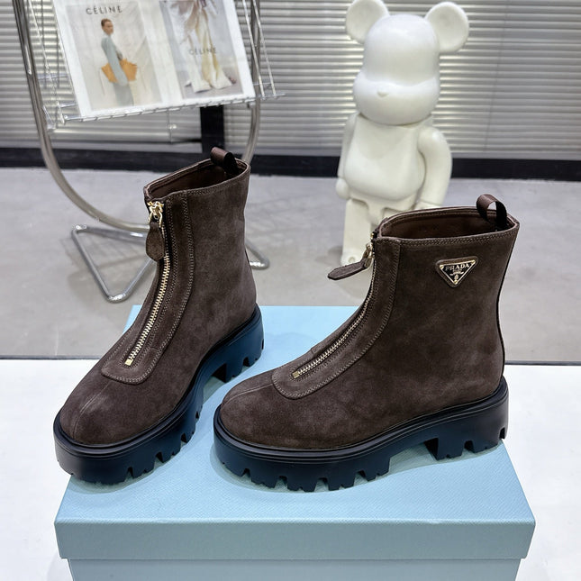 PRADA 25S ZIP-UP ANKLE BOOTS IN DARK BROWN SUEDE