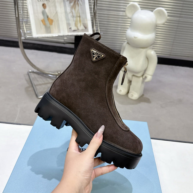 PRADA 25S ZIP-UP ANKLE BOOTS IN DARK BROWN SUEDE