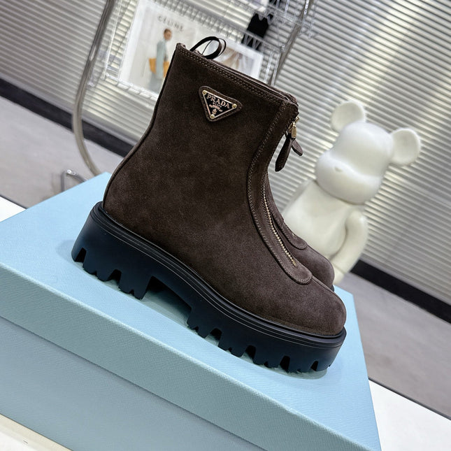 PRADA 25S ZIP-UP ANKLE BOOTS IN DARK BROWN SUEDE