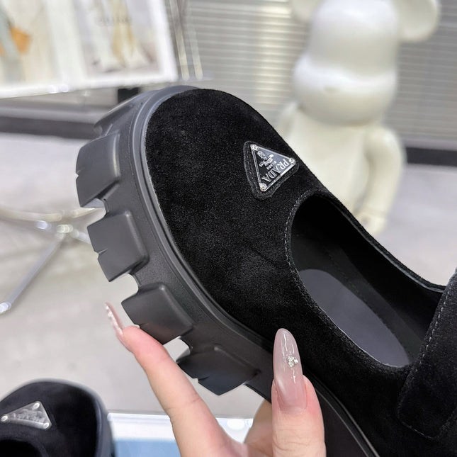 PRADA 25S PLATFORM MARY JANE SHOES IN BLACK SUEDE