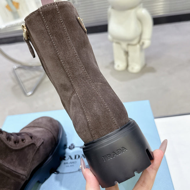 PRADA 25S WARRIOR BOOTS IN DARK BROWN SUEDE