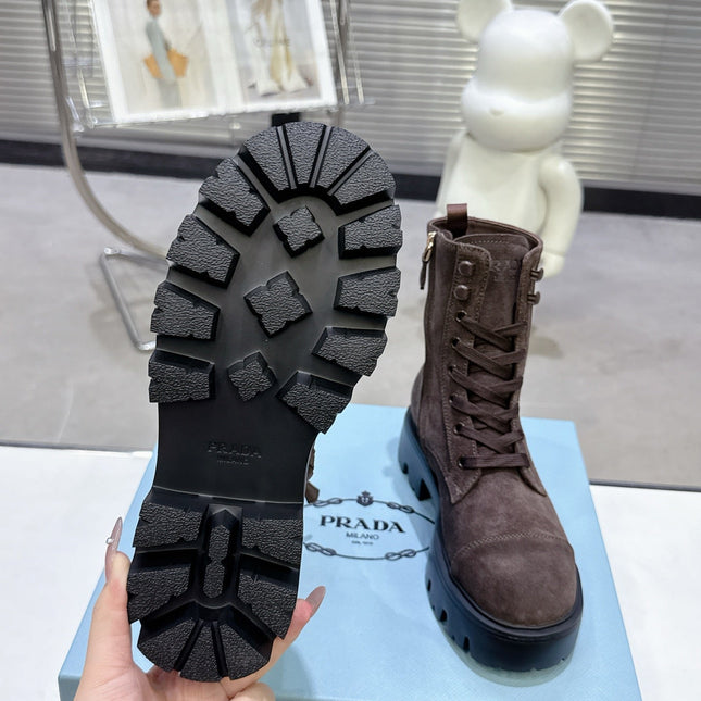 PRADA 25S WARRIOR BOOTS IN DARK BROWN SUEDE