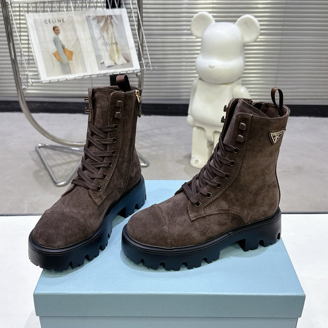 PRADA 25S WARRIOR BOOTS IN DARK BROWN SUEDE