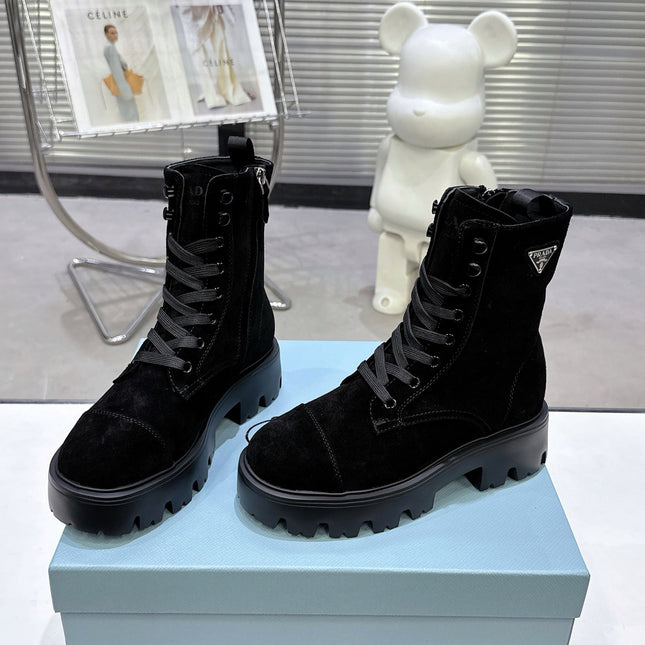 PRADA 25S WARRIOR BOOTS IN BLACK SUEDE
