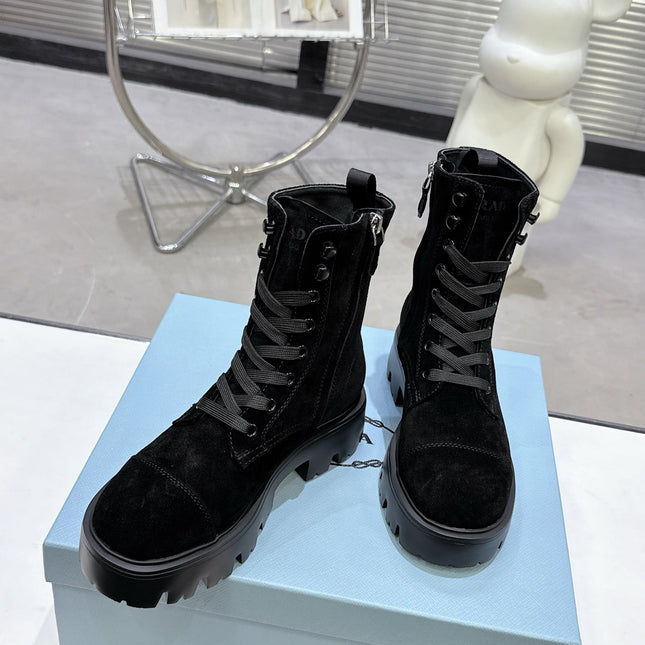 PRADA 25S WARRIOR BOOTS IN BLACK SUEDE