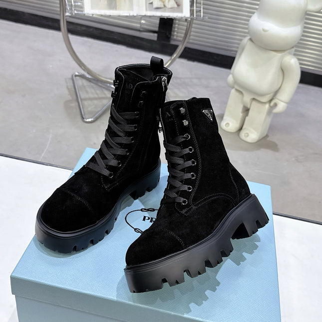 PRADA 25S WARRIOR BOOTS IN BLACK SUEDE
