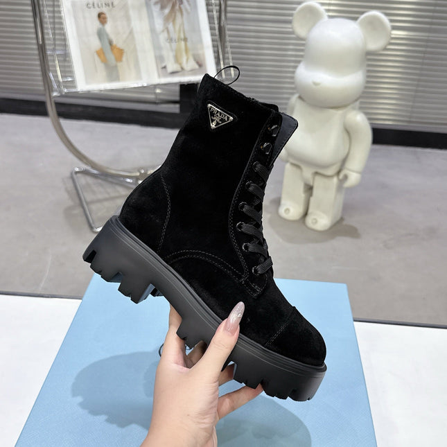 PRADA 25S WARRIOR BOOTS IN BLACK SUEDE