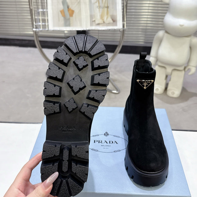 PRADA 25S RETRO PLATFORM MARTIN ANKLE BOOTS IN BLACK SUEDE