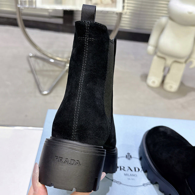 PRADA 25S RETRO PLATFORM MARTIN ANKLE BOOTS IN BLACK SUEDE