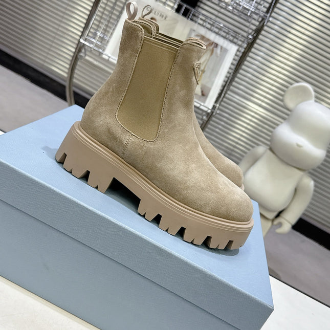 PRADA 25S RETRO PLATFORM MARTIN ANKLE BOOTS IN BEIGE SUEDE