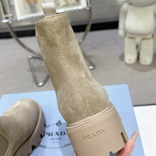 PRADA 25S RETRO PLATFORM MARTIN ANKLE BOOTS IN BEIGE SUEDE