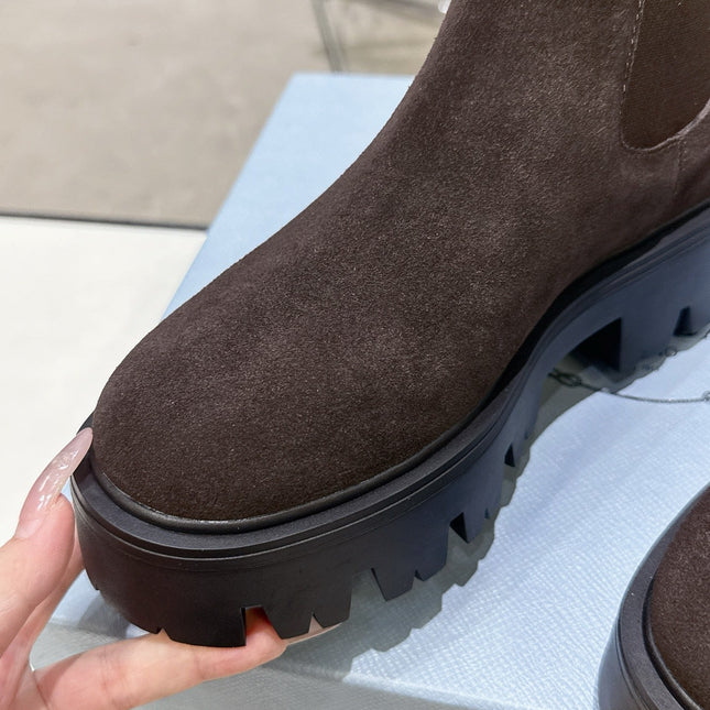 PRADA 25S RETRO PLATFORM MARTIN ANKLE BOOTS IN DARK BROWN SUEDE
