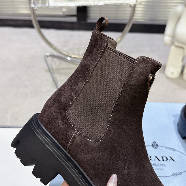 PRADA 25S RETRO PLATFORM MARTIN ANKLE BOOTS IN DARK BROWN SUEDE