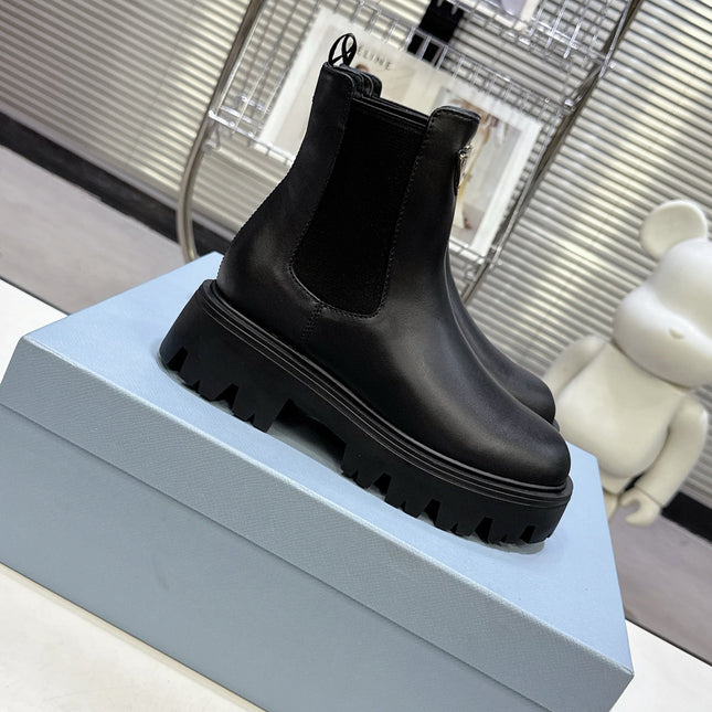 PRADA 25S RETRO PLATFORM MARTIN ANKLE BOOTS IN BLACK CALFSKIN