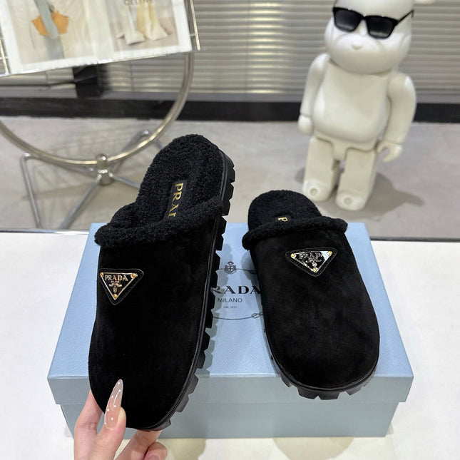 PRADA 25S FUR-LINED SABOT MULES IN BLACK SUEDE