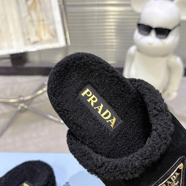 PRADA 25S FUR-LINED SABOT MULES IN BLACK SUEDE