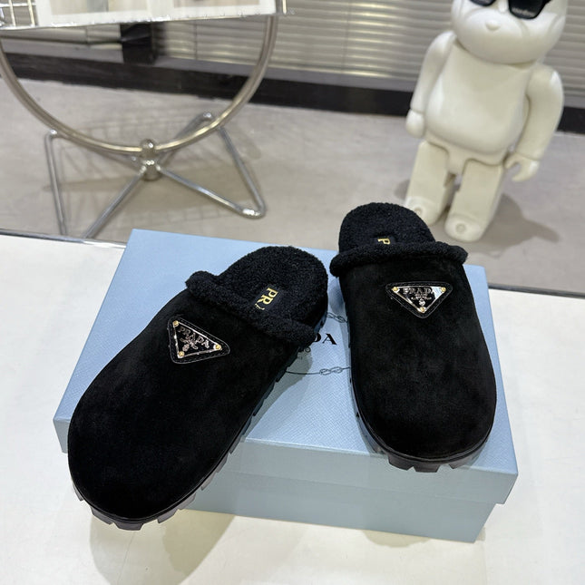 PRADA 25S FUR-LINED SABOT MULES IN BLACK SUEDE