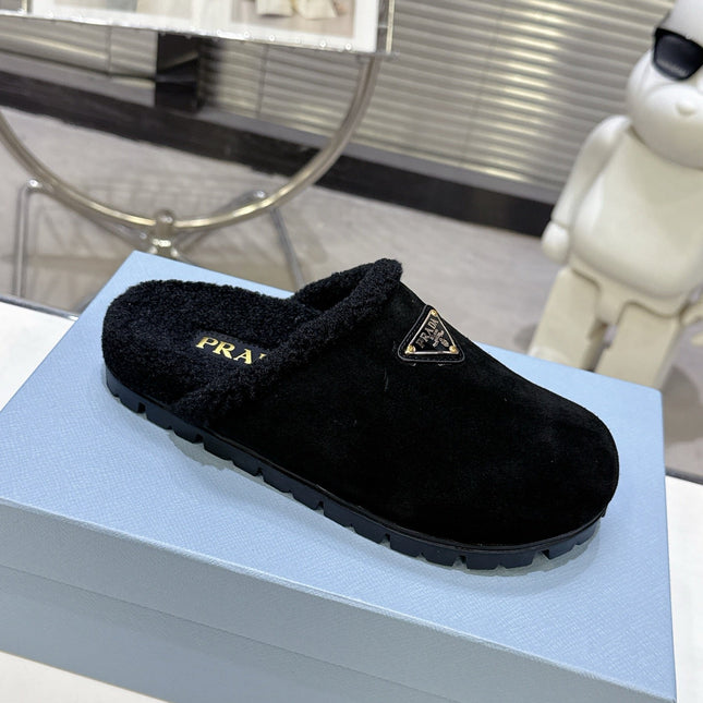 PRADA 25S FUR-LINED SABOT MULES IN BLACK SUEDE