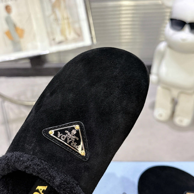 PRADA 25S FUR-LINED SABOT MULES IN BLACK SUEDE