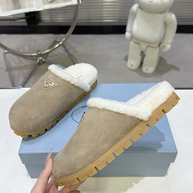 PRADA 25S FUR-LINED SABOT MULES IN BEIGE SUEDE