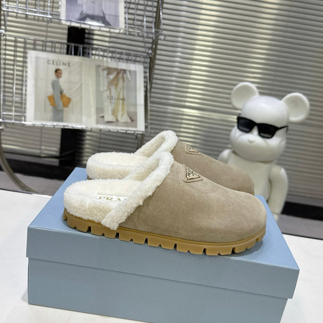 PRADA 25S FUR-LINED SABOT MULES IN BEIGE SUEDE