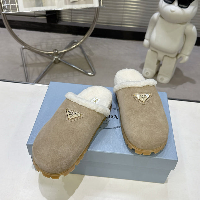 PRADA 25S FUR-LINED SABOT MULES IN BEIGE SUEDE