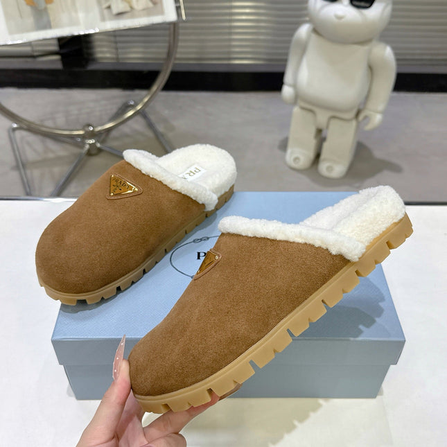 PRADA 25S FUR-LINED MULES IN BROWN SUEDE