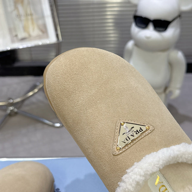 PRADA 25S FUR-LINED MULES IN BEIGE SUEDE