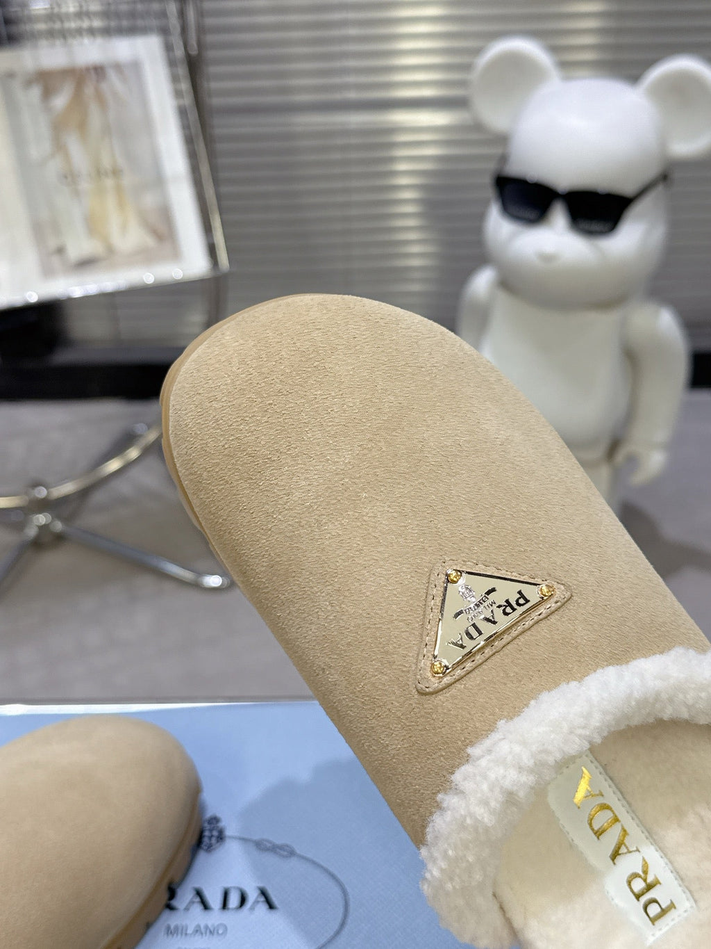 PRADA 25S FUR-LINED MULES IN BEIGE SUEDE
