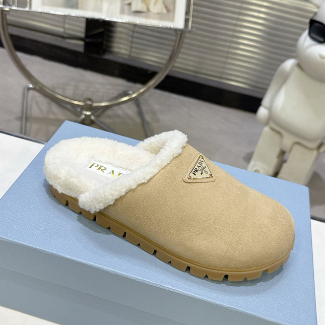 PRADA 25S FUR-LINED MULES IN BEIGE SUEDE