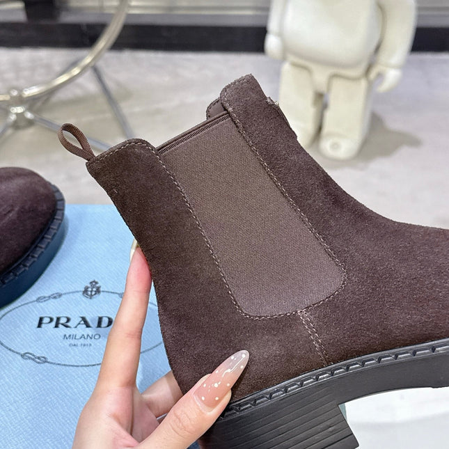 PRADA 25S RETRO PLATFORM MARTIN BOOTS IN DARK BROWN SUEDE