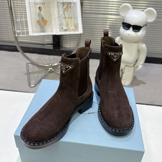 PRADA 25S RETRO PLATFORM MARTIN BOOTS IN DARK BROWN SUEDE