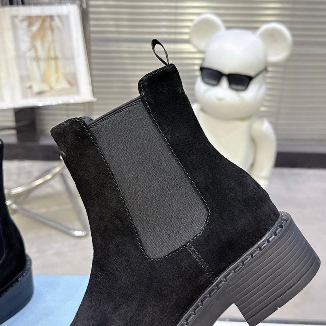 PRADA 25S RETRO PLATFORM MARTIN BOOTS IN BLACK SUEDE