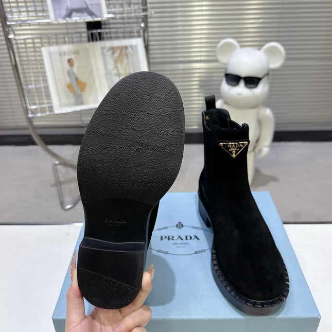 PRADA 25S RETRO PLATFORM MARTIN BOOTS IN BLACK SUEDE