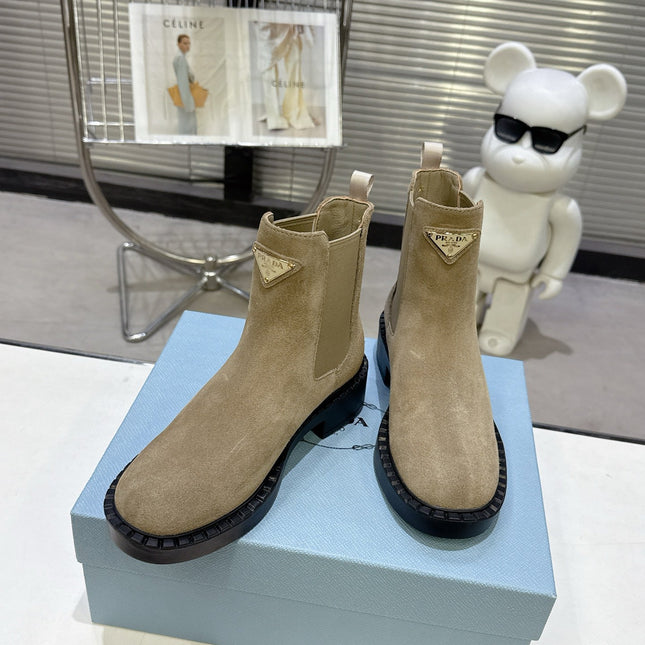 PRADA 25S RETRO PLATFORM MARTIN BOOTS IN BEIGE SUEDE