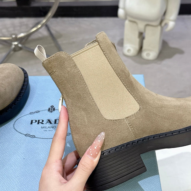 PRADA 25S RETRO PLATFORM MARTIN BOOTS IN BEIGE SUEDE
