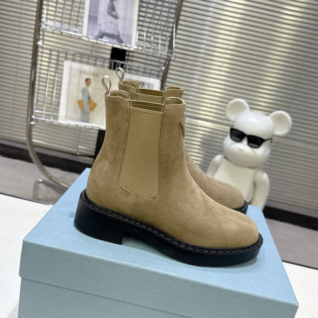 PRADA 25S RETRO PLATFORM MARTIN BOOTS IN BEIGE SUEDE