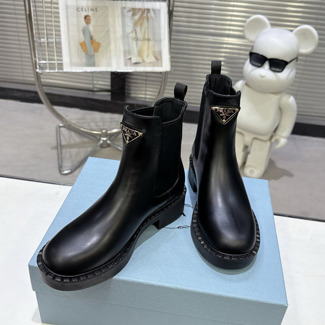 PRADA 25S RETRO PLATFORM MARTIN BOOTS IN BLACK CALFSKIN