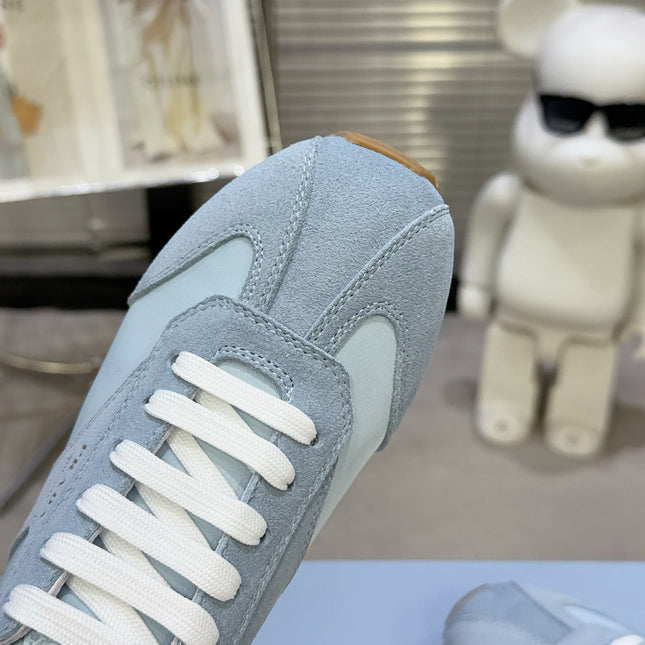 PRADA 26S LACE UP SNEAKERS IN LIGHT BLUE NYLON AND SUEDE