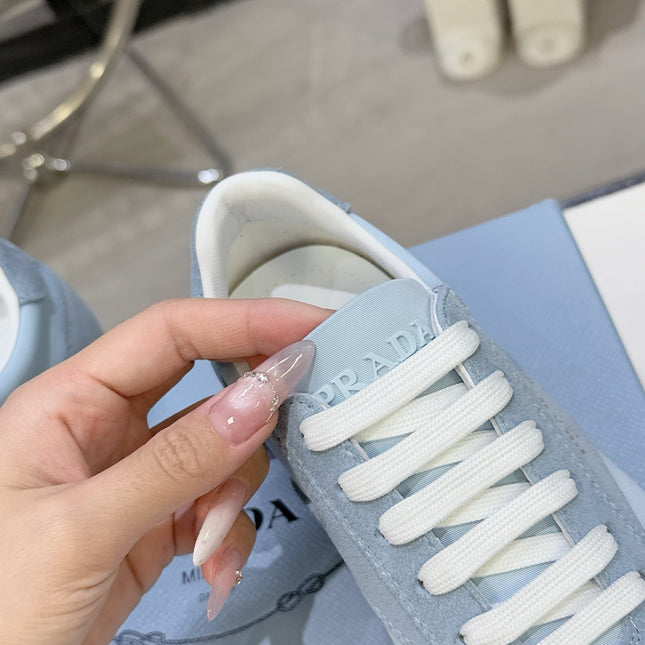PRADA 26S LACE UP SNEAKERS IN LIGHT BLUE NYLON AND SUEDE