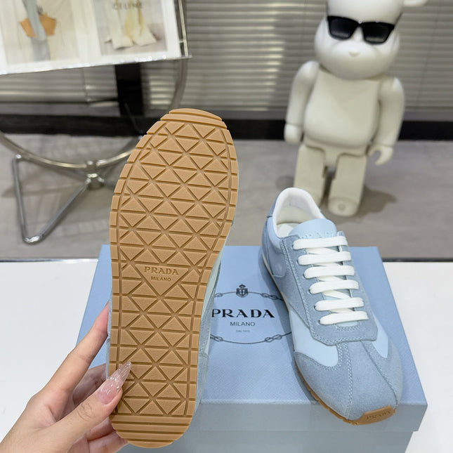 PRADA 26S LACE UP SNEAKERS IN LIGHT BLUE NYLON AND SUEDE